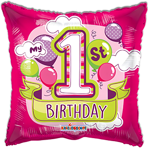 Balon patrat cu 1 st Birthday - fetita - 45 cm