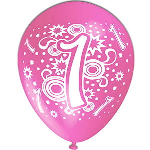 Balon latex - Roz print cifra 1 alb - 30 cm