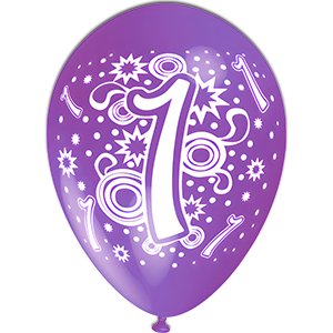 Balon latex - Mov print cifra 1 alb - 30 cm